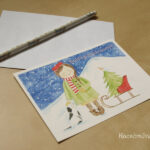 Karácsonyi képeslap kutyussal, kislánnyal és szánkóval