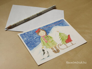 Karácsonyi képeslap kutyussal, kislánnyal és szánkóval