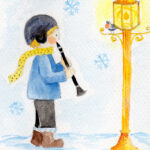 Klarinéton játszó fiú a téli utcán