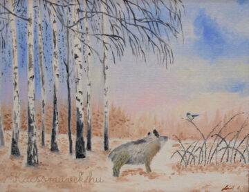 Téli kép vaddisznóval és madárkával vászonra festve